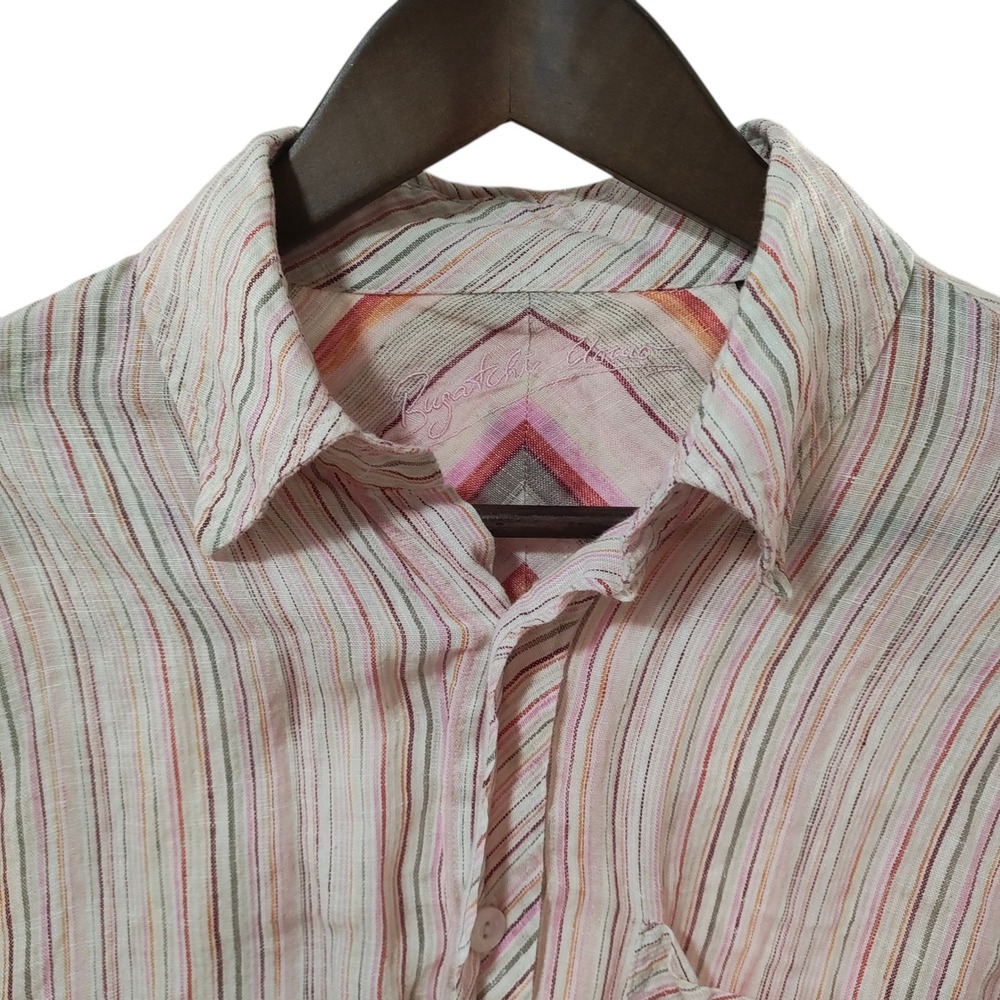 Bugatchi Uomo 100% Linen Button Up Mens Striped Shirt Travel Cruise Size Medium - Picture 3 of 10
